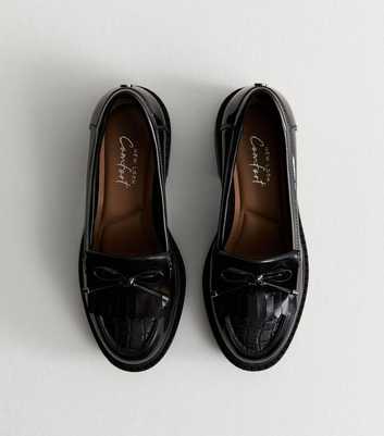 Wide Fit Black Faux Leather Bow Trim Loafers