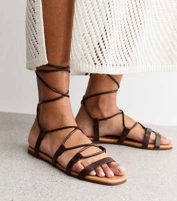 Brown Faux Leather Lace Up Sandals