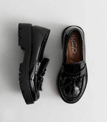 Wide Fit Black Patent Faux Leather Tassel Chunky Penny Loafers
