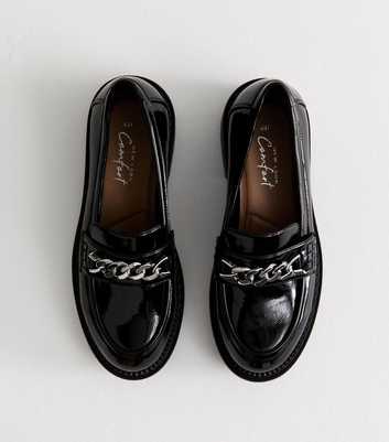 Black Faux Patent Leather Chain Trim Chunky Sole Loafers