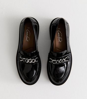 Black Faux Patent Leather Chain Trim Chunky Sole Loafers