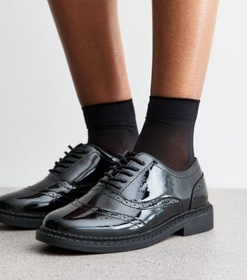 Black Faux Leather Patent-Look Brogues | New Look