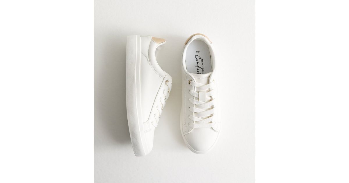 White Faux Leather Contrast Heel Tab Trainers New Look