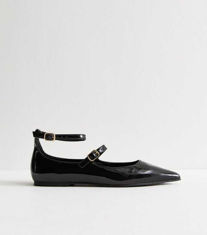 Black Patent Faux Leather Strappy Ballet Flats | New Look