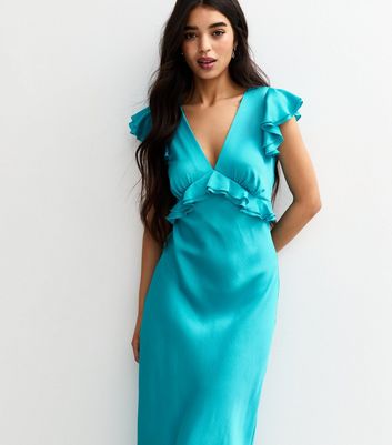 Turquoise Ruffled Satin V-Neck Midi Dress | New Look