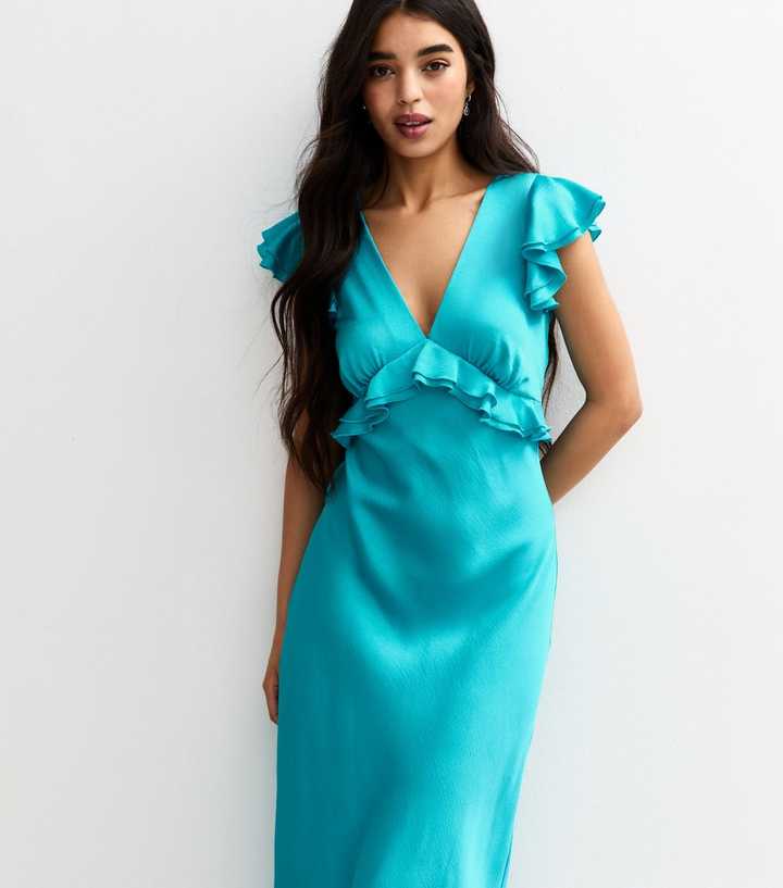 Turquoise Ruffled Satin V-Neck Midi Dress