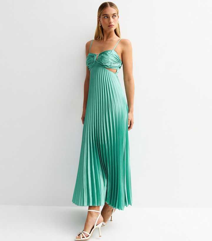Blue Satin Plisse Cut Out Midi Dress | New Look