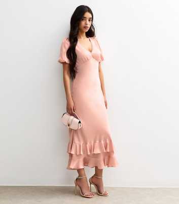 Light Pink Satin Puff Sleeve Ruffled Midi Dress