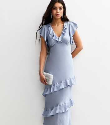 Blue Satin Ruffled Midi Dress