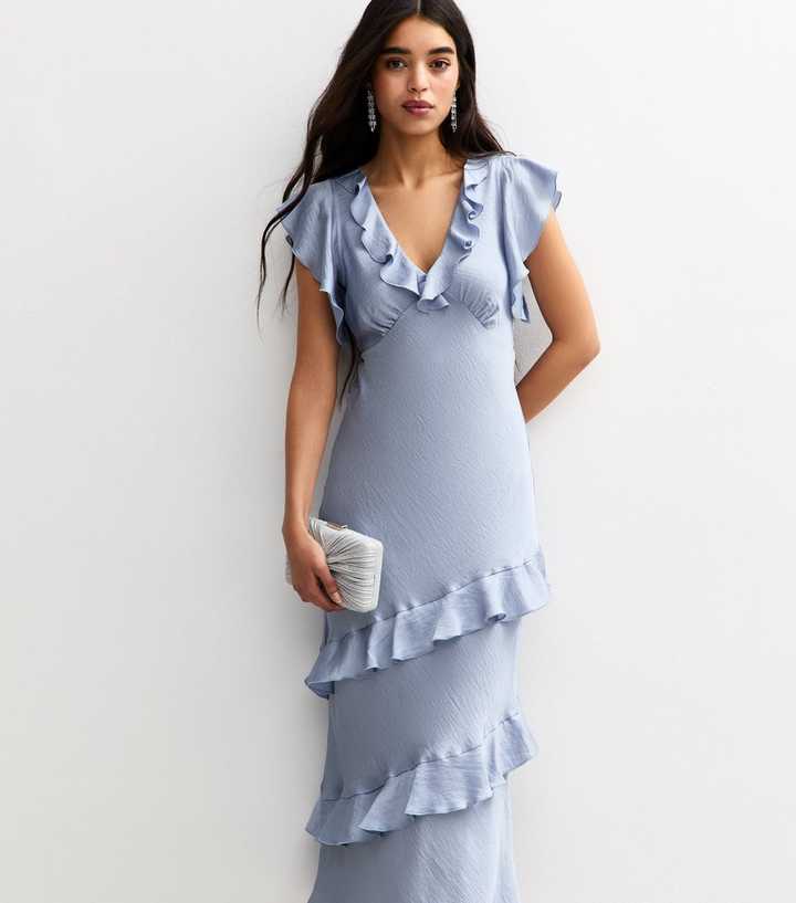 Blue Satin Ruffled Midi Dress