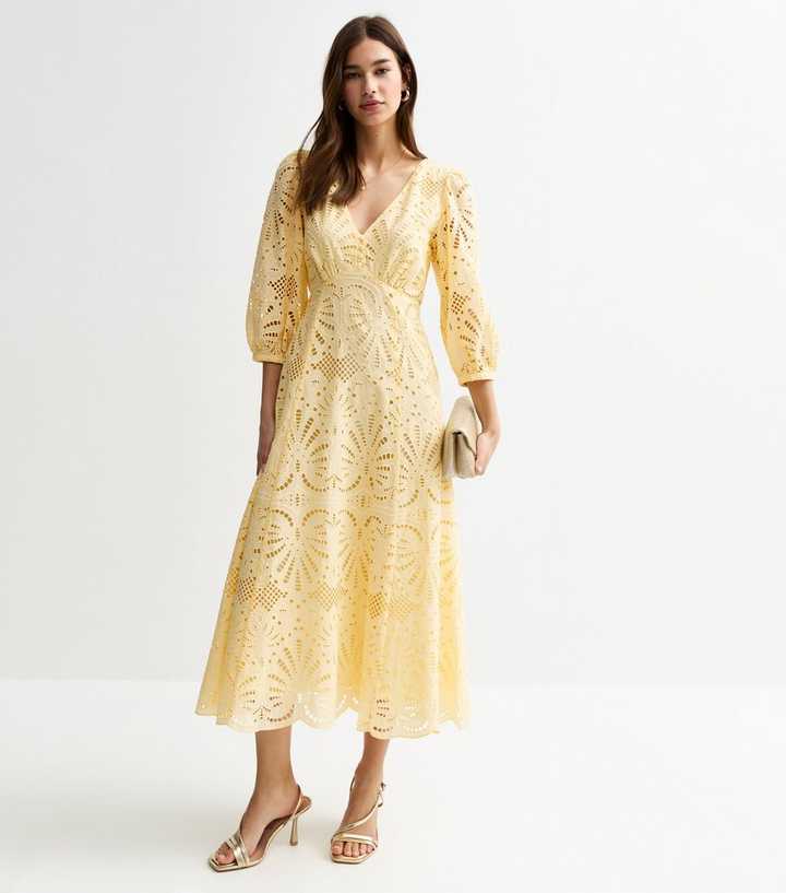 Yellow Broderie Anglaise Midi Dress