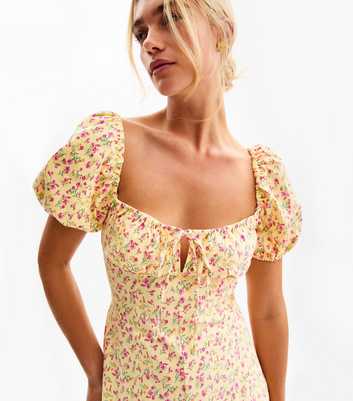 Yellow Floral Print Puff Sleeve Midi Dress