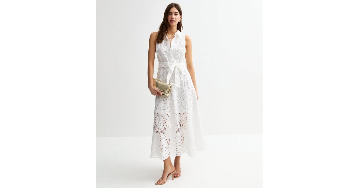 White Broderie Anglaise Belted Midi Shirt Dress | New Look
