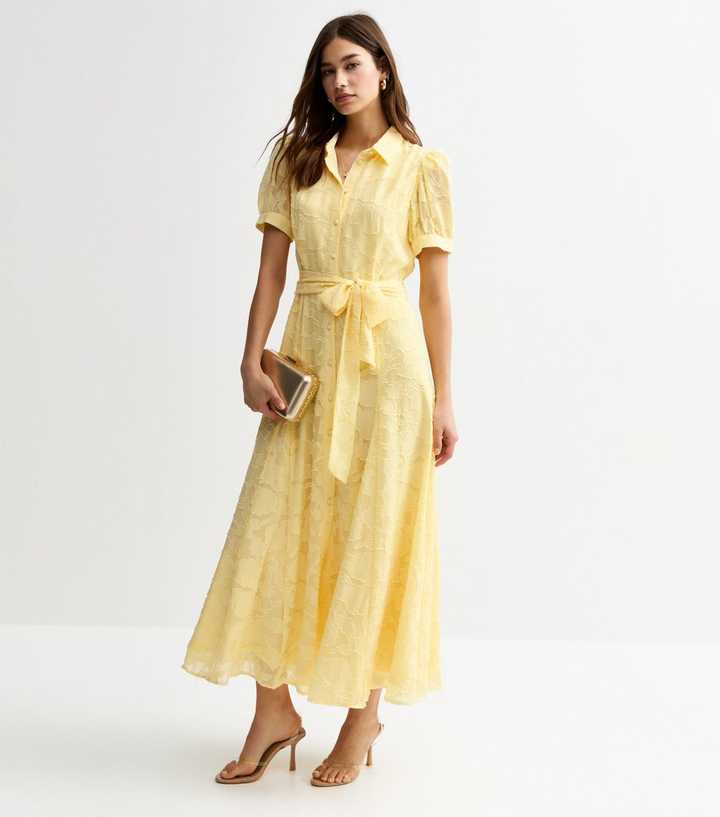 Yellow Devore Belted Midi Shirt Dress