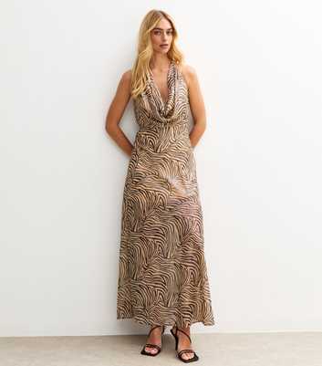 Brown Metallic Zebra Print Halter Neck Dress
