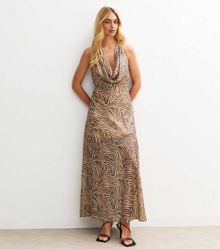 Brown Metallic Zebra Print Halter Neck Dress