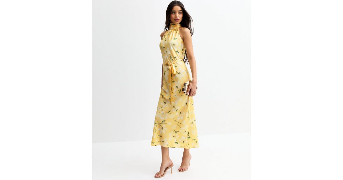 Mimi Yellow Floral Midi Halter Neck Dress