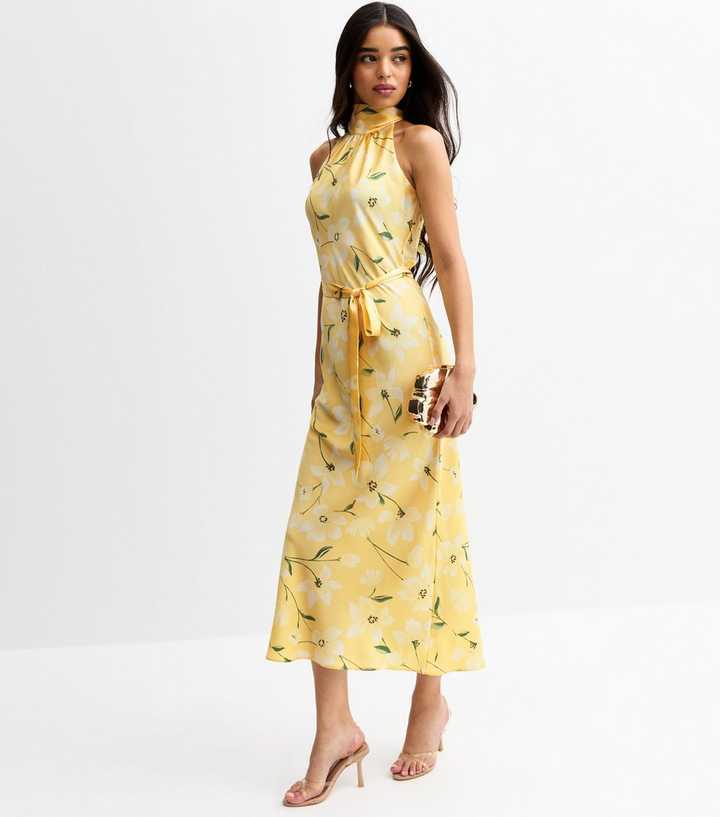 Yellow Floral Print Satin Halterneck Midi Dress