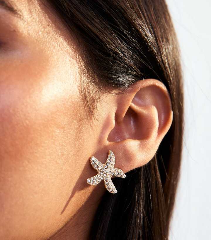 Gold Tone Diamante Embellished Starfish Stud Earrings