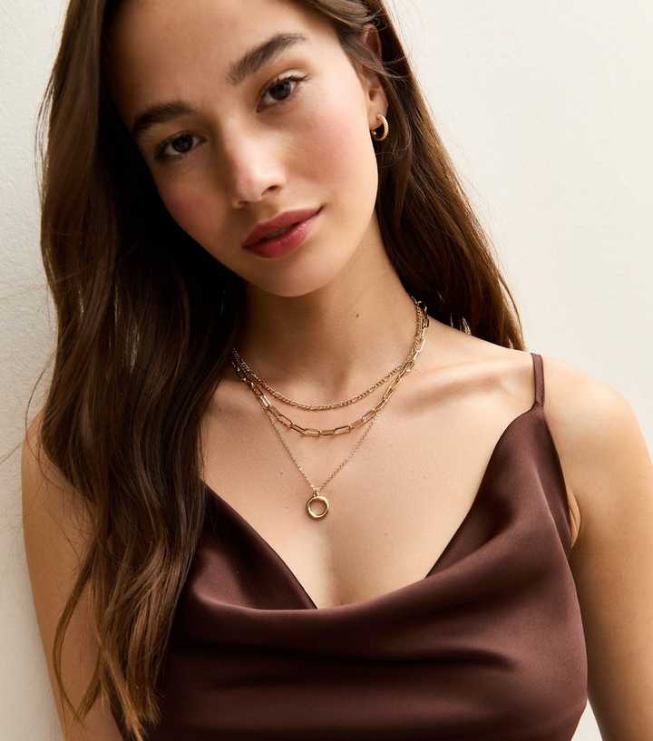 Gold-Tone Multi Layer Chain Circle Pendant Necklace