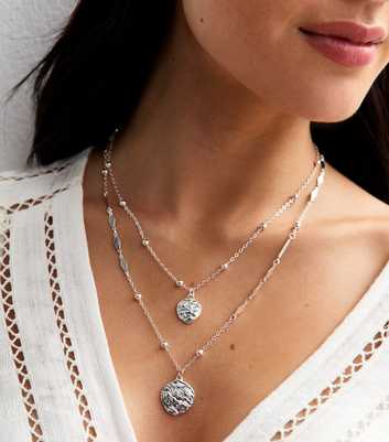 Silver Tone Pack of 2 Textured Circle Pendant Necklaces