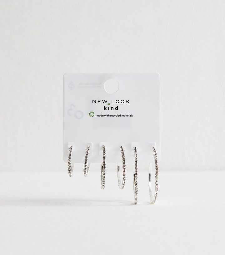 Silver Tone Pack Of 3 Mixed Size Diamantè Hoop Earrings