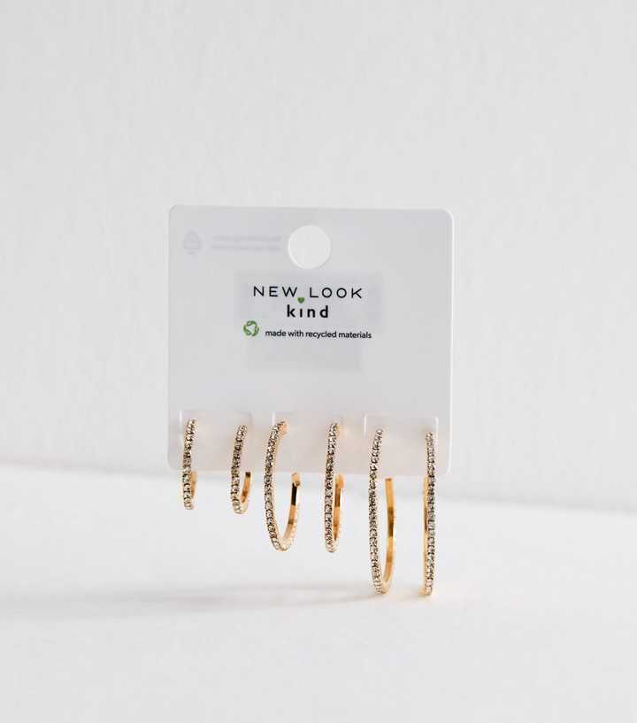 Gold Tone Pack Of 3 Mixed Size Diamantè Hoop Earrings