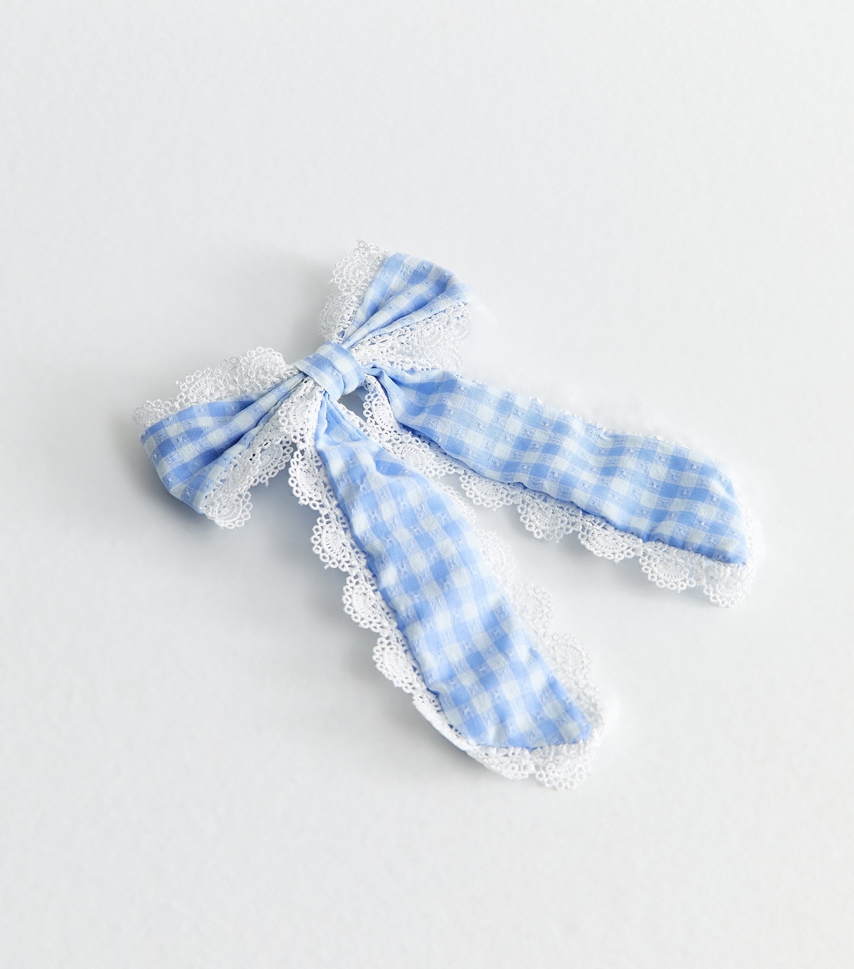 Light Blue Gingham Broderie Anglaise Trim Bow Hair Slide New Look