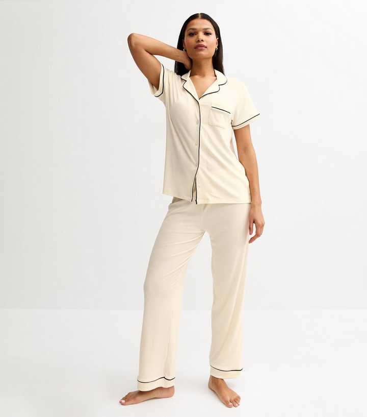 Off White Contrast Piping Shirt and Trousers Pyjama Set