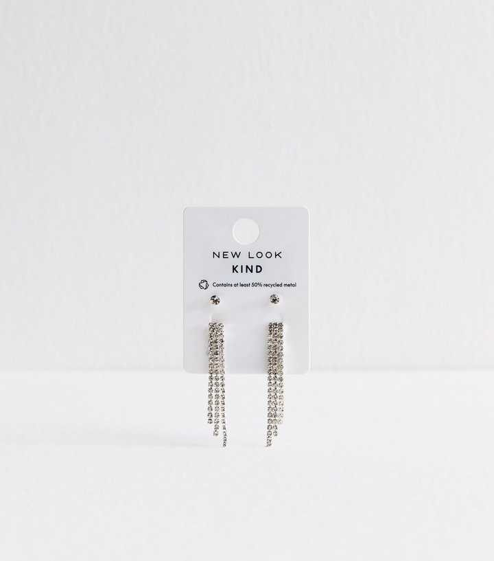 Silver Tone Pack Of 2 Diamant?� Stud Tassel Earrings
