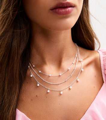 Silver Tone Multi Layer Faux Pearl Charm Necklace