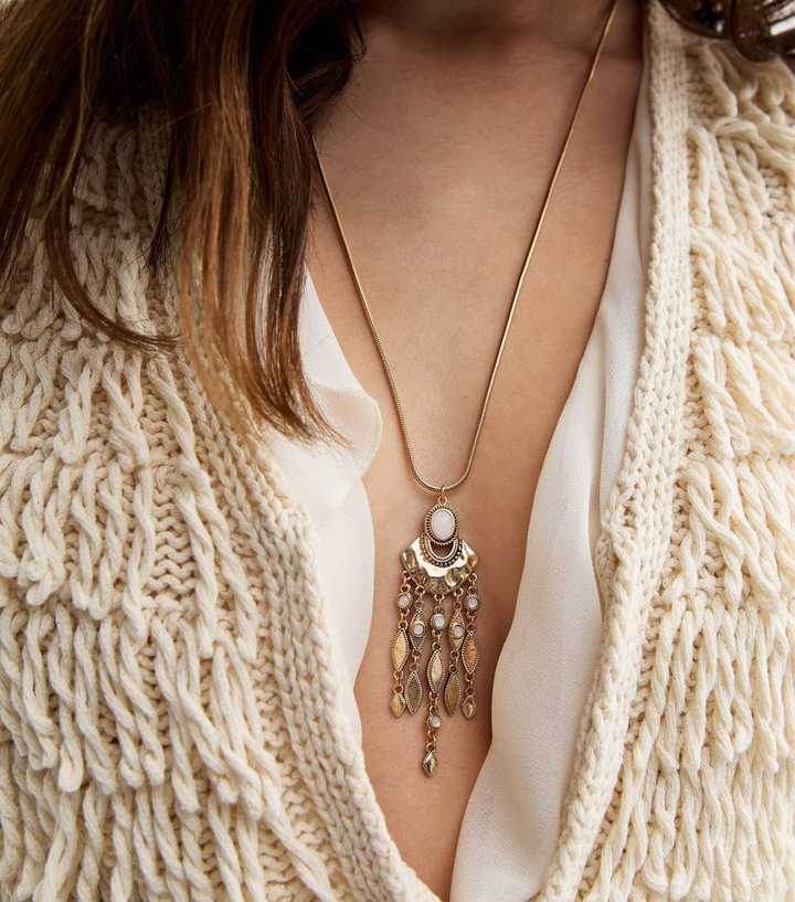 Gold Tone Long Tassel Pendant Chain Necklace