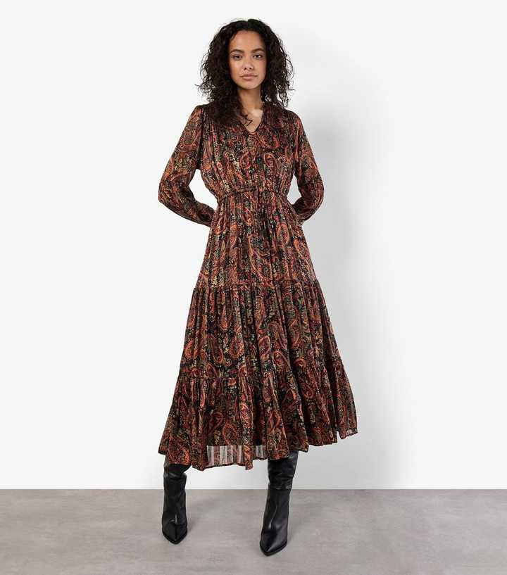 Apricot Black V-Neck Paisley Midi Dress | New Look