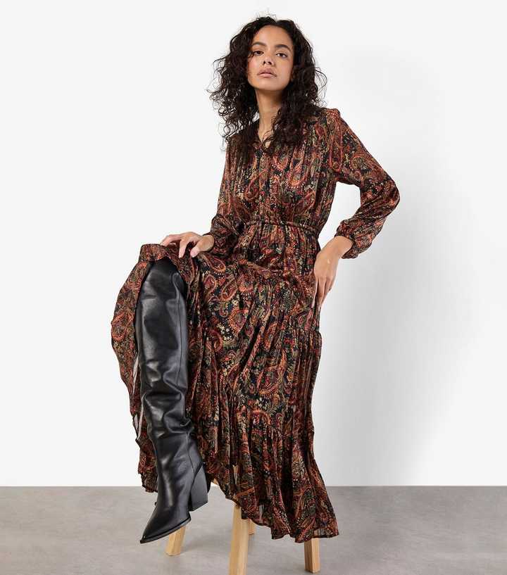 Apricot Black V-Neck Paisley Midi Dress New Look