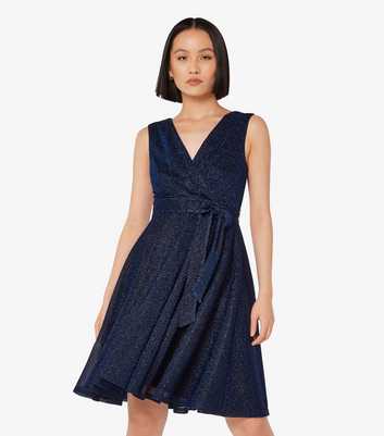 Apricot Navy Metallic V-Neck Pleated Skater Dress