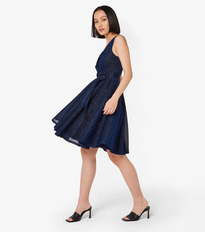 Apricot Navy Metallic V-Neck Pleated Skater Dress | New Look