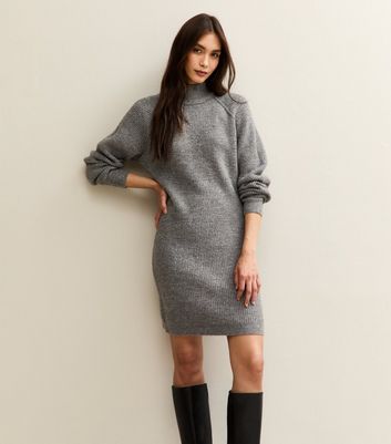 Grey Midweight Knit High Neck Mini Jumper Dress | New Look