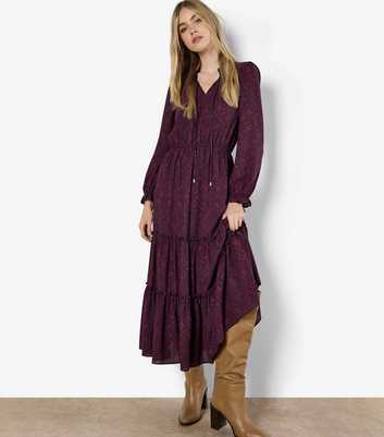 Apricot Burgundy Mosaic Print Tie Neck Midi Dress