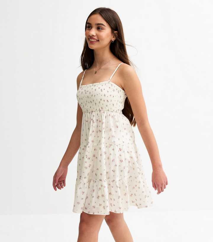 Girls White Ditsy Print Shirred Bust Tiered Dress