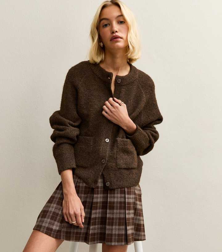 Dark Brown Double Pocket Textured Knit Cardigan