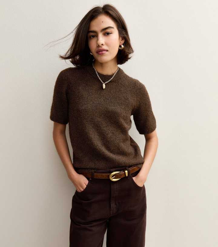 Dark Brown Short Sleeve Knit Top