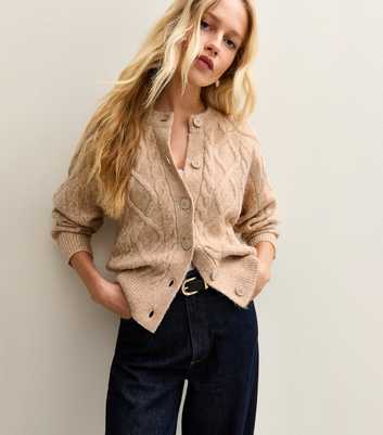 Camel Cable Knit Crew Neck Cardigan