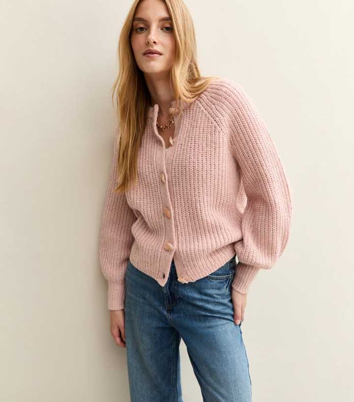 Light Pink Ribbed Knit Raglan Sleeve Cardigan