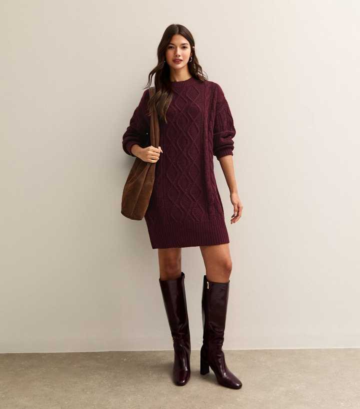 Dark Burgundy Cable Knit Crew Mini Dress