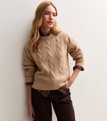 Camel Cable Knit Crew Neck Jumper New Look