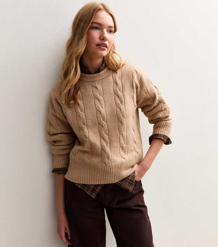 Camel Cable Knit Crew Neck Jumper