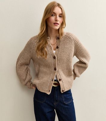 Camel Ribbed Knit Raglan Sleeve Cardigan | New Look