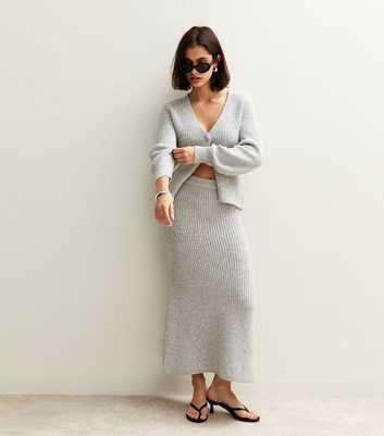 Grey Ribbed Knit Midi Skirt