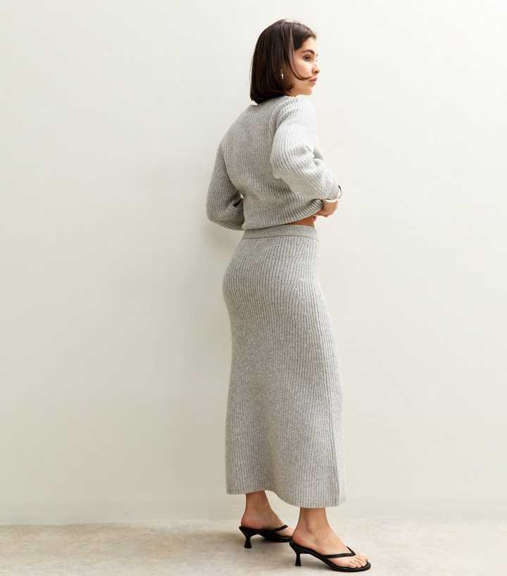 Grey Ribbed Knit Midi Skirt | New Look