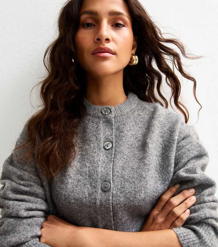 Grey Crew Neck Knit Cardigan